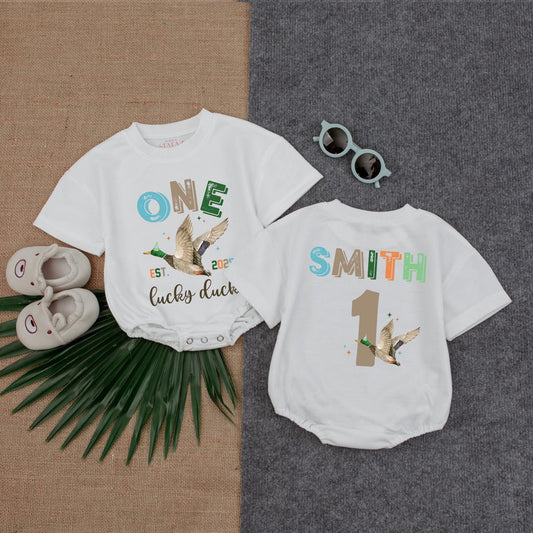 Personalized One Lucky Duck Baby Romper, 1st Birthday Bodysuit, Mallard Duck Gift for Baby Boy or Girl, Duckling Theme