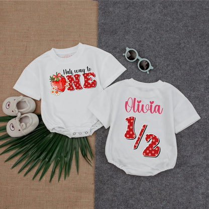 Custom Berry Birthday Bubble Romper for Girls Half Birthday Outfit Sweet Strawberry Theme