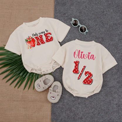 Custom Berry Birthday Bubble Romper for Girls Half Birthday Outfit Sweet Strawberry Theme