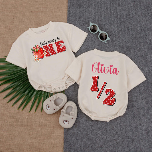Custom Berry Birthday Bubble Romper for Girls Half Birthday Outfit Sweet Strawberry Theme