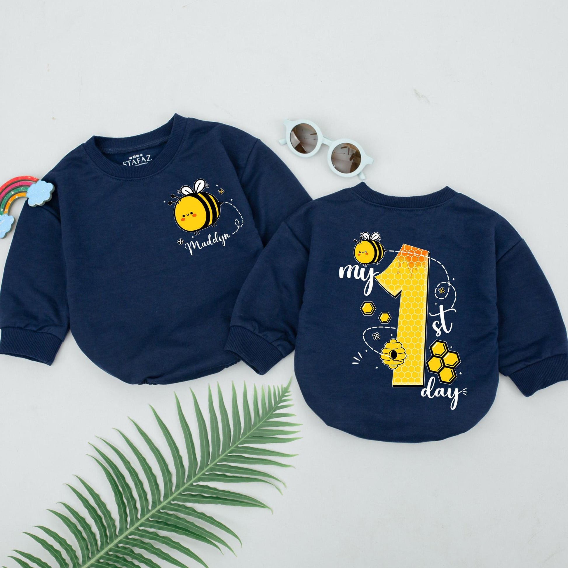 Personalized My 1st Bee Day Romper Baby Girl Bumblebee First Birthday Outfit Yellow Black Honeycomb Cartoon Bee Custom Name Gift