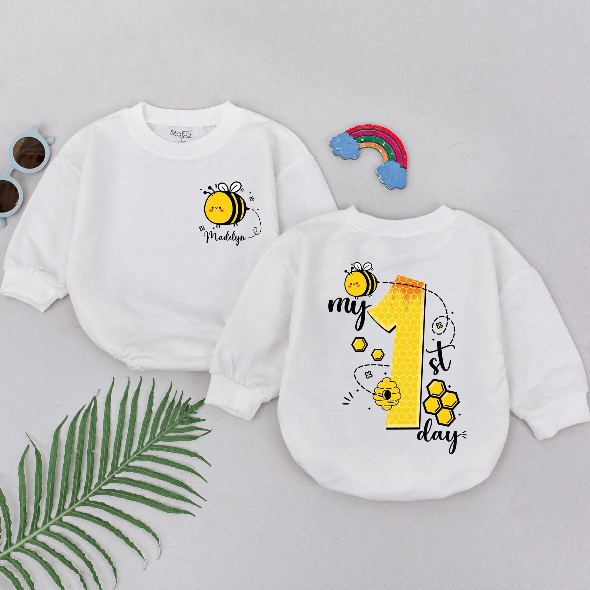 Personalized My 1st Bee Day Romper Baby Girl Bumblebee First Birthday Outfit Yellow Black Honeycomb Cartoon Bee Custom Name Gift