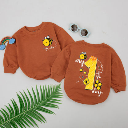 Personalized My 1st Bee Day Romper Baby Girl Bumblebee First Birthday Outfit Yellow Black Honeycomb Cartoon Bee Custom Name Gift