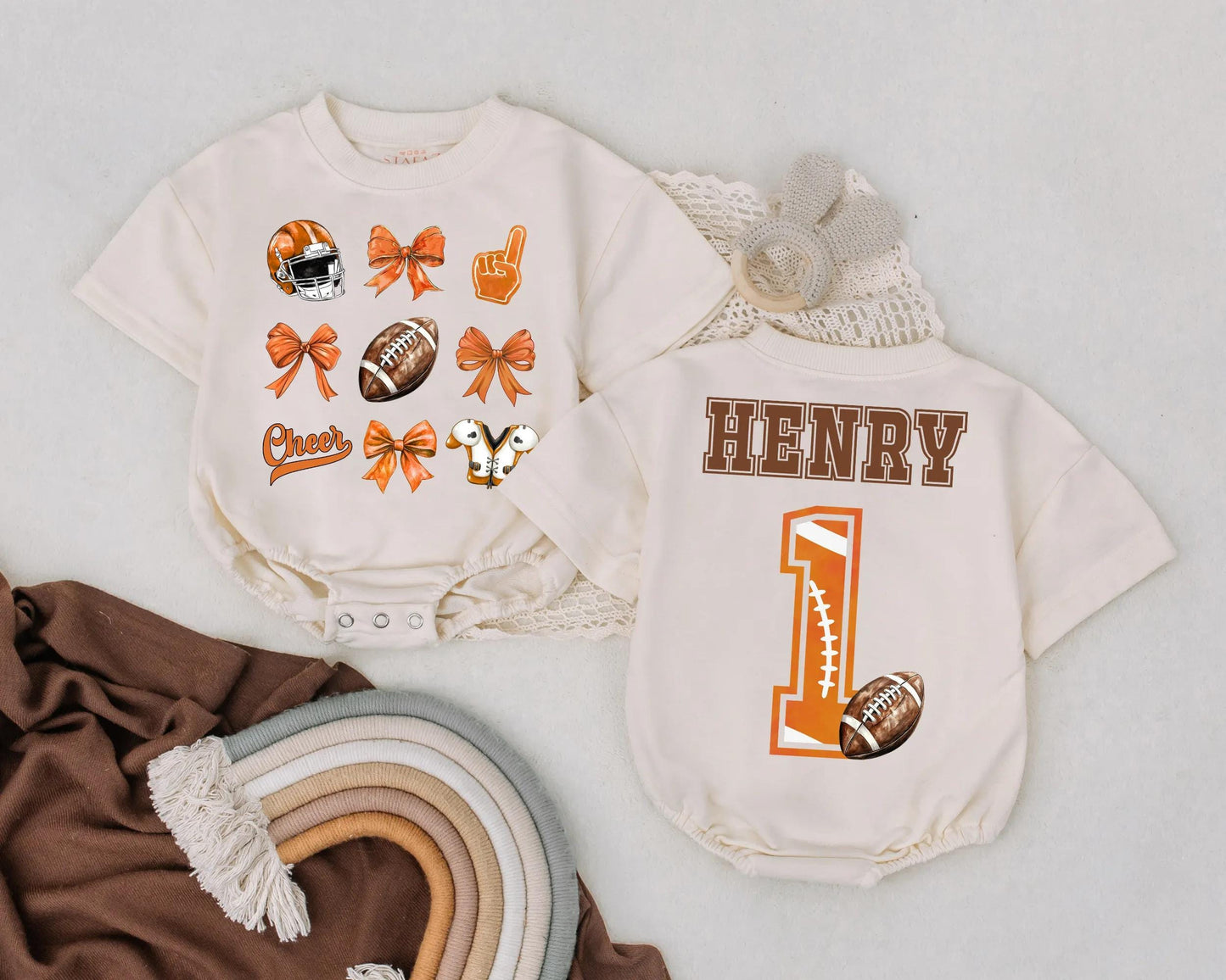 Personalized Football Bubble Romper First Birthday Outfit Game Day Baby Girl Clothes Cheer Bow Romper Baby Girl Football Gift