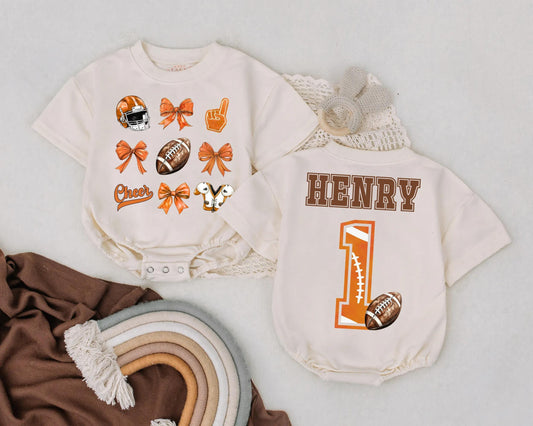 Personalized Football Bubble Romper First Birthday Outfit Game Day Baby Girl Clothes Cheer Bow Romper Baby Girl Football Gift