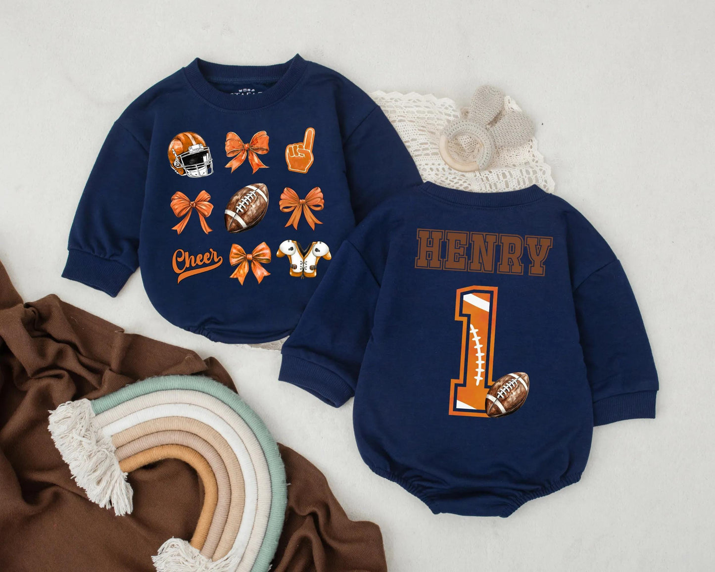 Personalized Football Bubble Romper First Birthday Outfit Game Day Baby Girl Clothes Cheer Bow Romper Baby Girl Football Gift
