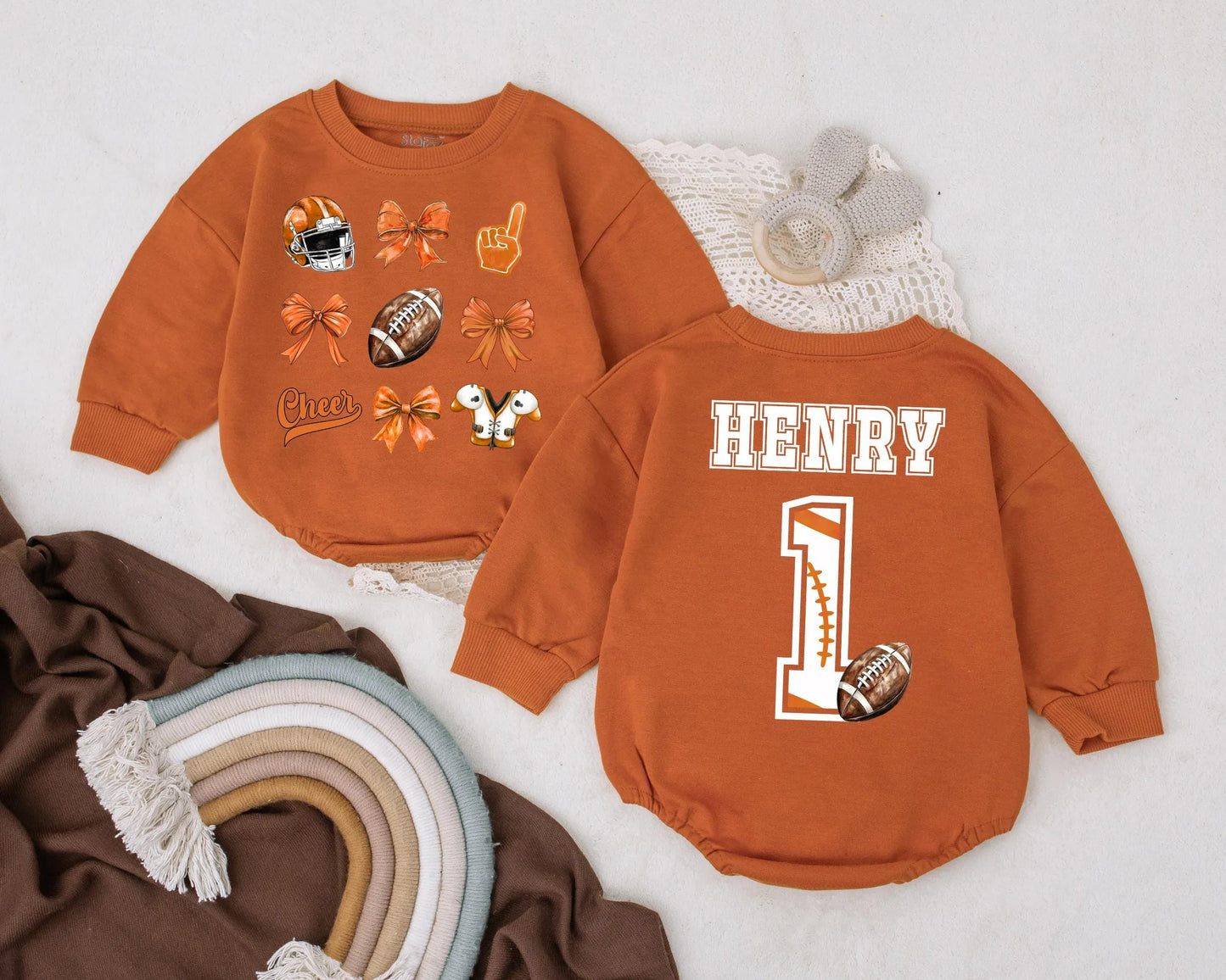 Personalized Football Bubble Romper First Birthday Outfit Game Day Baby Girl Clothes Cheer Bow Romper Baby Girl Football Gift