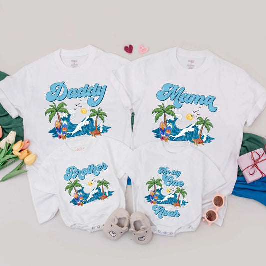 Personalized Surf Birthday Family T-Shirt Fun Surfing Theme First Birthday Celebration Summer Vacation Beach Tee Matching