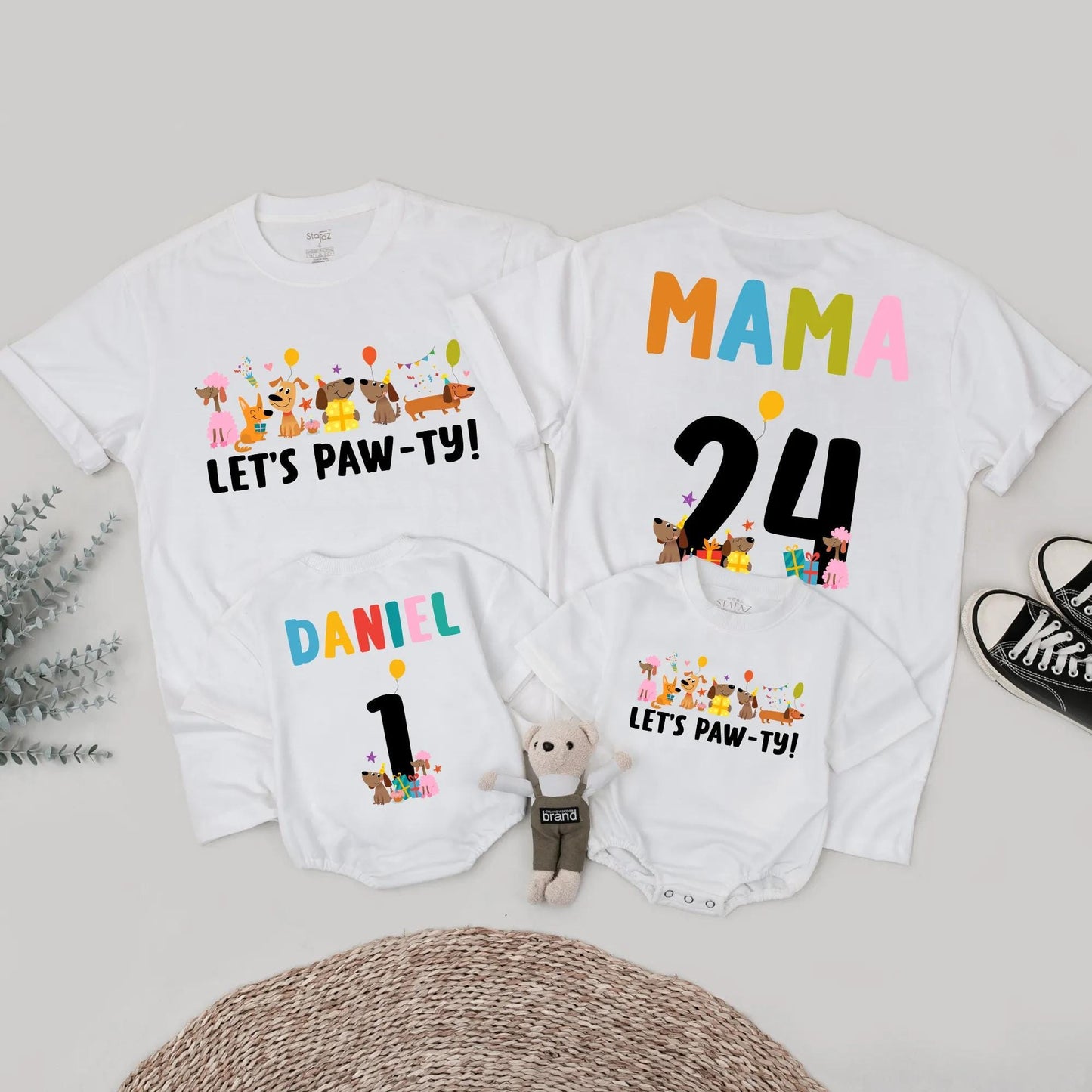Let's Paw-ty Matching Family Birthday Shirts Cute Cartoon Dog Party Outfits Custom Name Age Kid Parent Dog Lover Celebration Tees