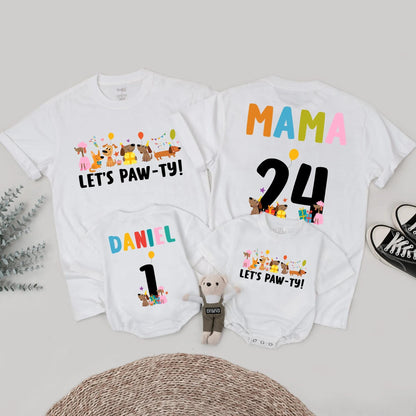 Let's Paw-ty Matching Family Birthday Shirts Cute Cartoon Dog Party Outfits Custom Name Age Kid Parent Dog Lover Celebration Tees