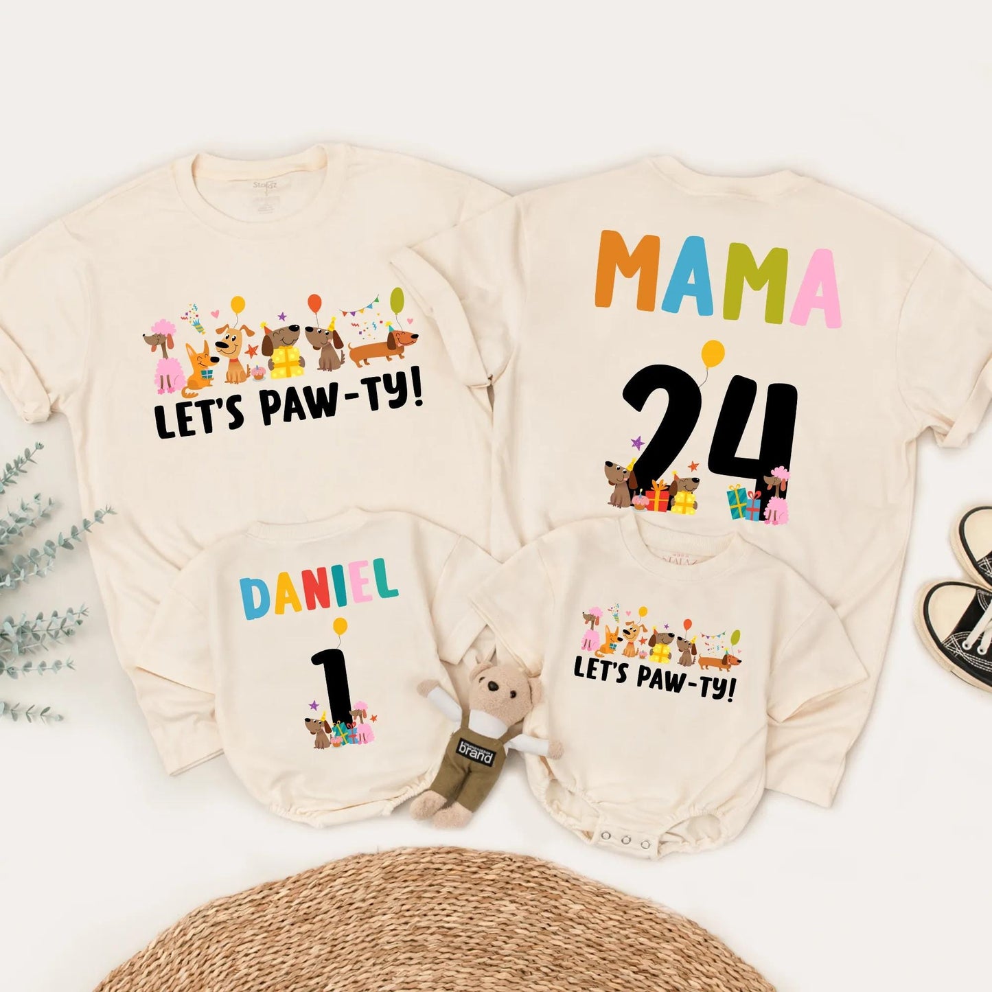 Let's Paw-ty Matching Family Birthday Shirts Cute Cartoon Dog Party Outfits Custom Name Age Kid Parent Dog Lover Celebration Tees