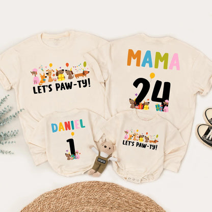 Let's Paw-ty Matching Family Birthday Shirts Cute Cartoon Dog Party Outfits Custom Name Age Kid Parent Dog Lover Celebration Tees