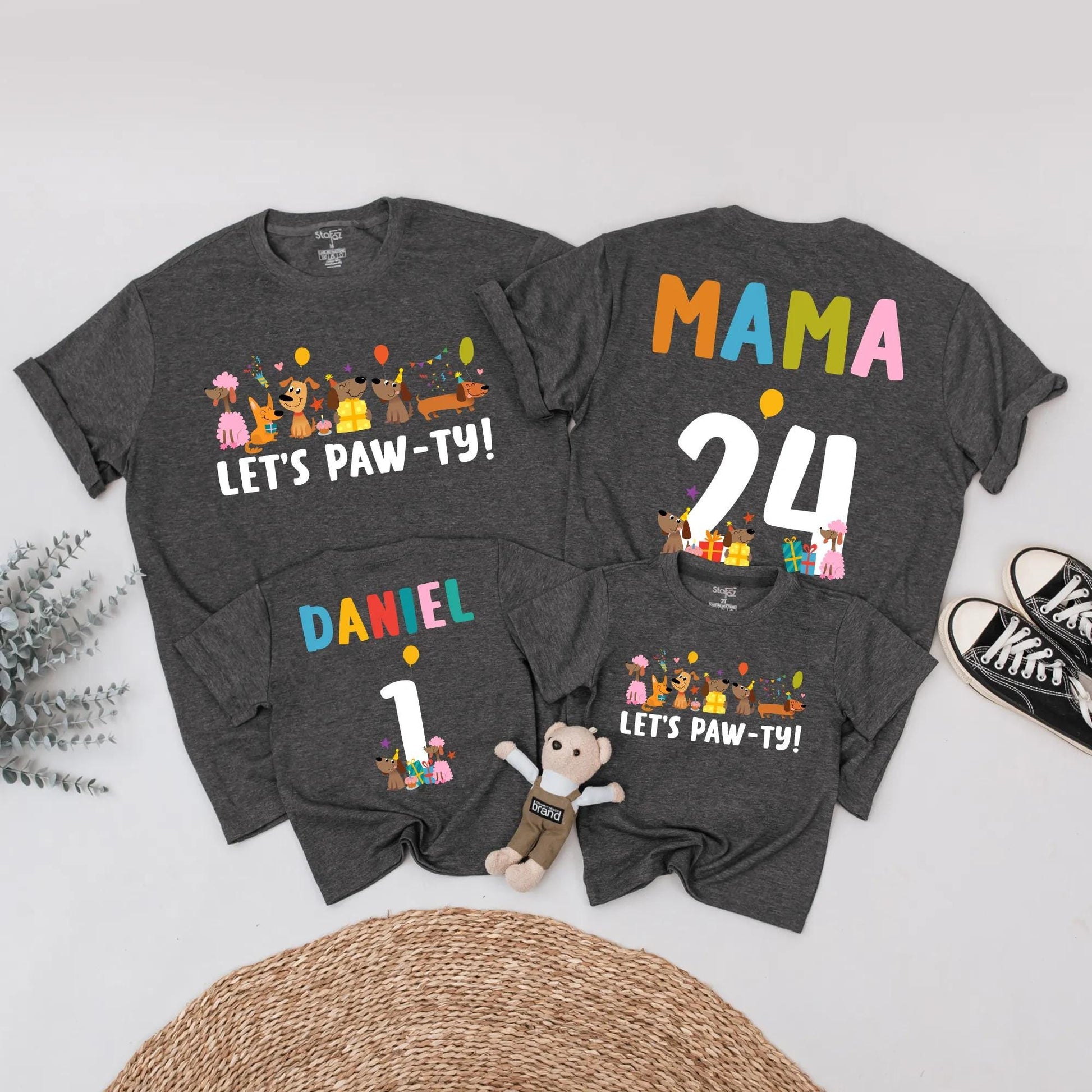 Let's Paw-ty Matching Family Birthday Shirts Cute Cartoon Dog Party Outfits Custom Name Age Kid Parent Dog Lover Celebration Tees