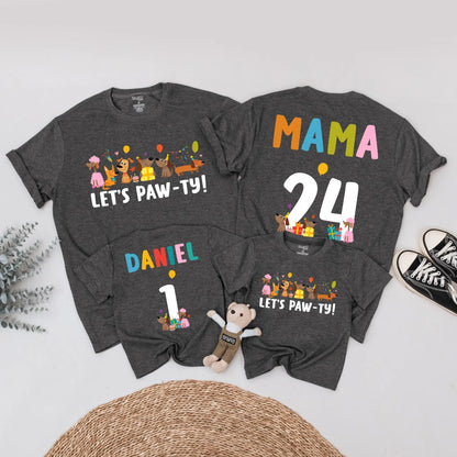 Let's Paw-ty Matching Family Birthday Shirts Cute Cartoon Dog Party Outfits Custom Name Age Kid Parent Dog Lover Celebration Tees
