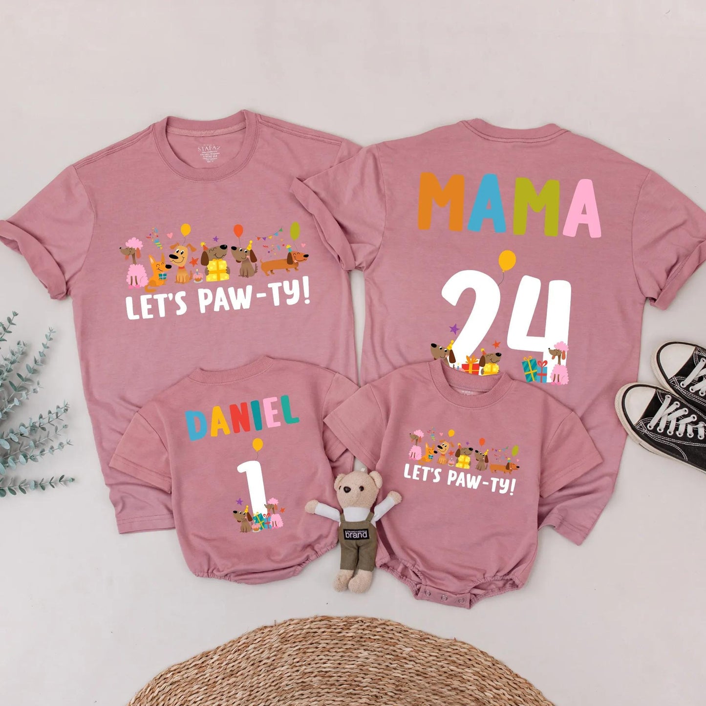 Let's Paw-ty Matching Family Birthday Shirts Cute Cartoon Dog Party Outfits Custom Name Age Kid Parent Dog Lover Celebration Tees