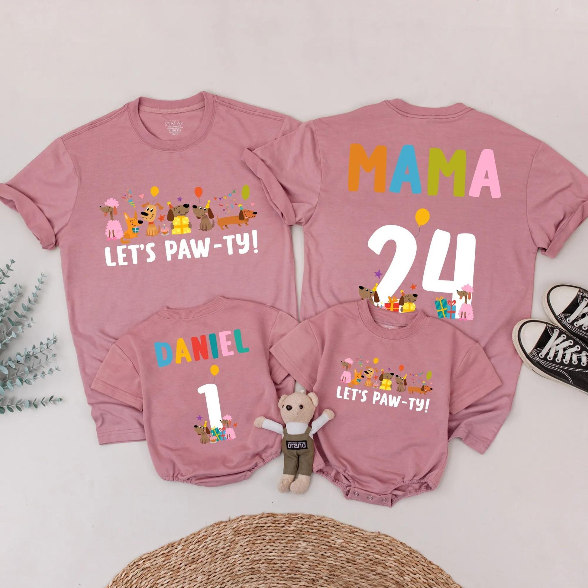 Let's Paw-ty Matching Family Birthday Shirts Cute Cartoon Dog Party Outfits Custom Name Age Kid Parent Dog Lover Celebration Tees