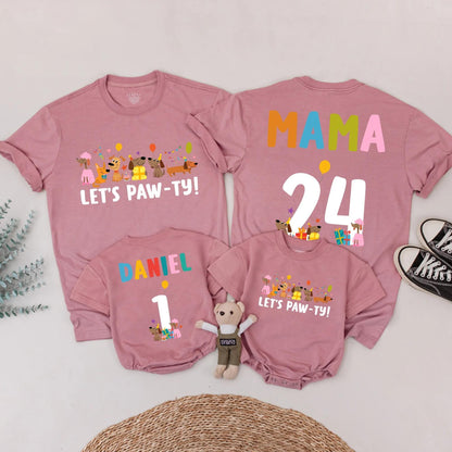 Let's Paw-ty Matching Family Birthday Shirts Cute Cartoon Dog Party Outfits Custom Name Age Kid Parent Dog Lover Celebration Tees