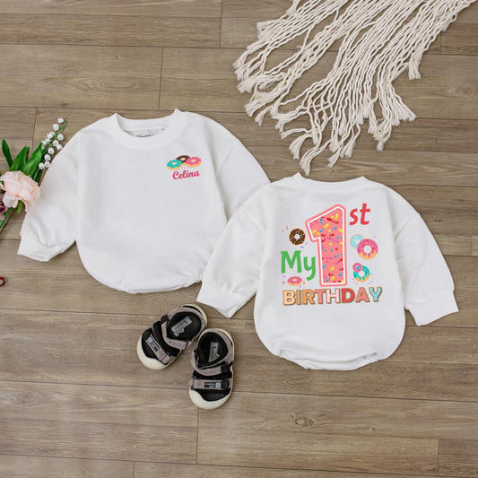 Sweet One Donut Romper for Baby Girls Custom First Birthday Outfit Newborn Bodysuit Shower Gift Long Sleeve