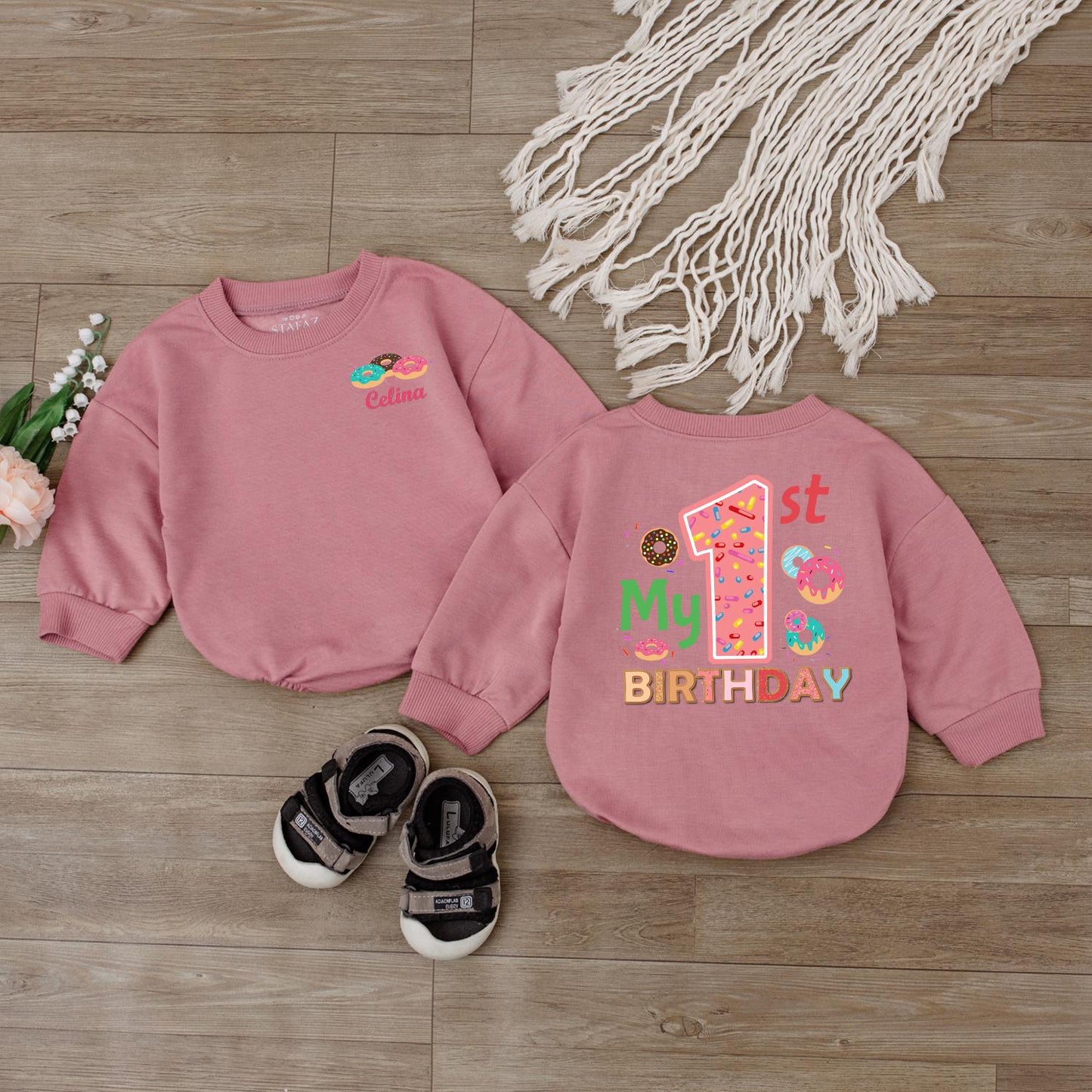Sweet One Donut Romper for Baby Girls Custom First Birthday Outfit Newborn Bodysuit Shower Gift Long Sleeve
