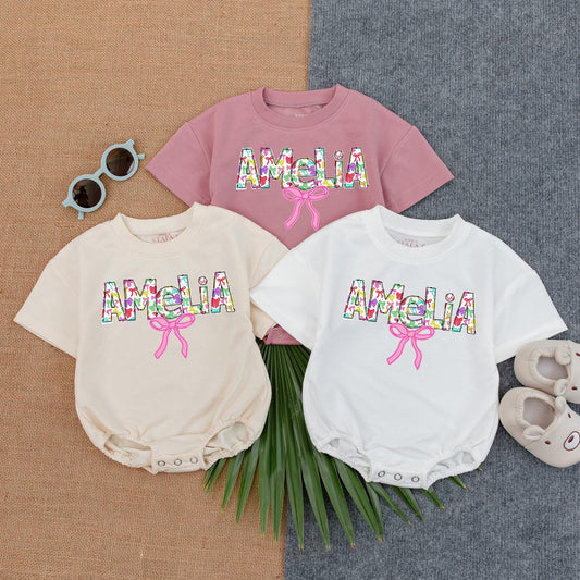 Personalized Baby Girl Bow Bubble Romper Infant Birthday Outfit Custom Name Short Sleeve Bodysuit Soft Cotton Baby Shower Gift Idea