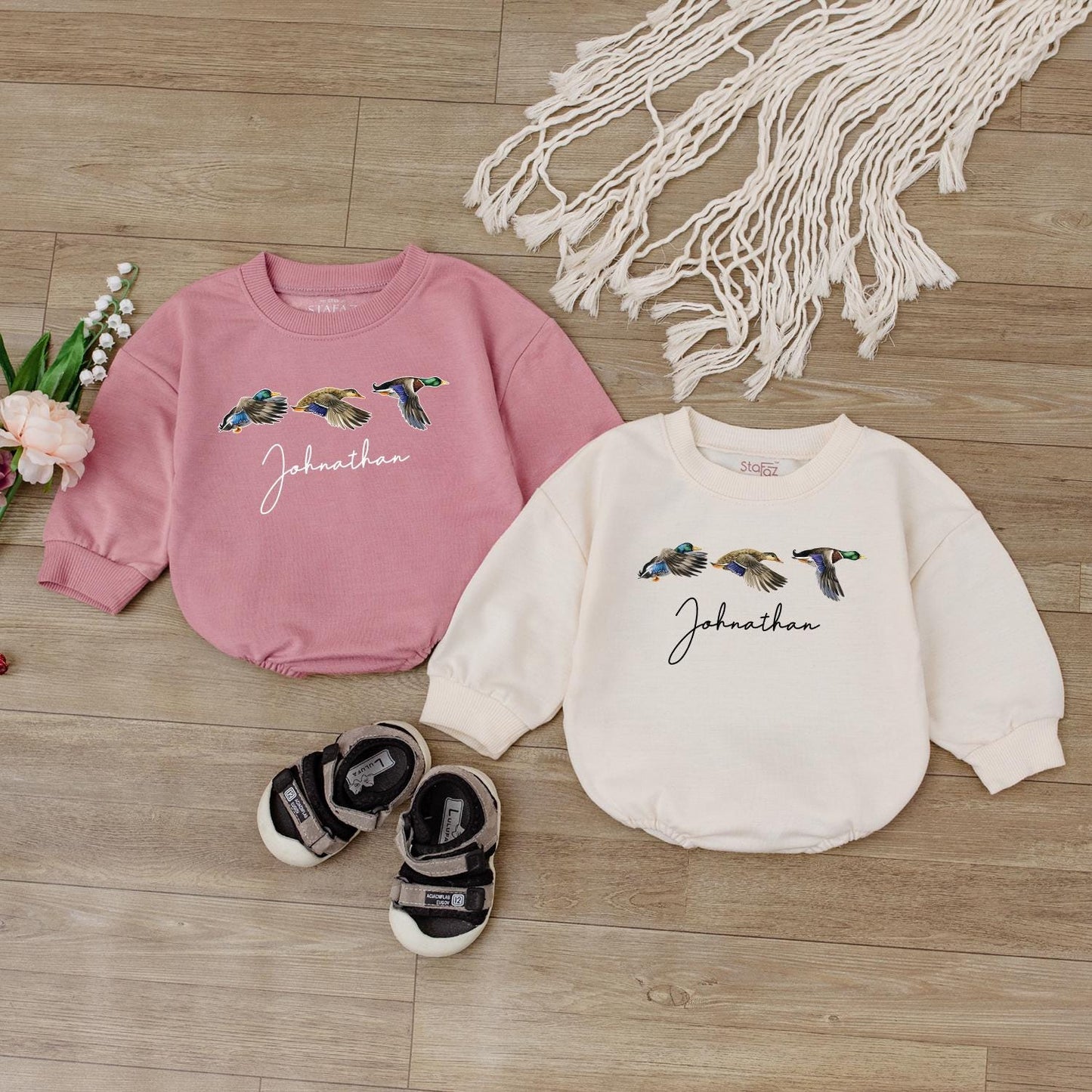 Personalized Mallard Duck Hunting Bubble Romper, First Birthday Outfit, Boy Ducking Hunter Baby Romper, Newborn Bodysuit, Duck Lover Gift