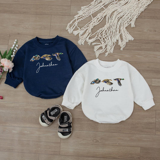 Personalized Mallard Duck Hunting Bubble Romper, First Birthday Outfit, Boy Ducking Hunter Baby Romper, Newborn Bodysuit, Duck Lover Gift