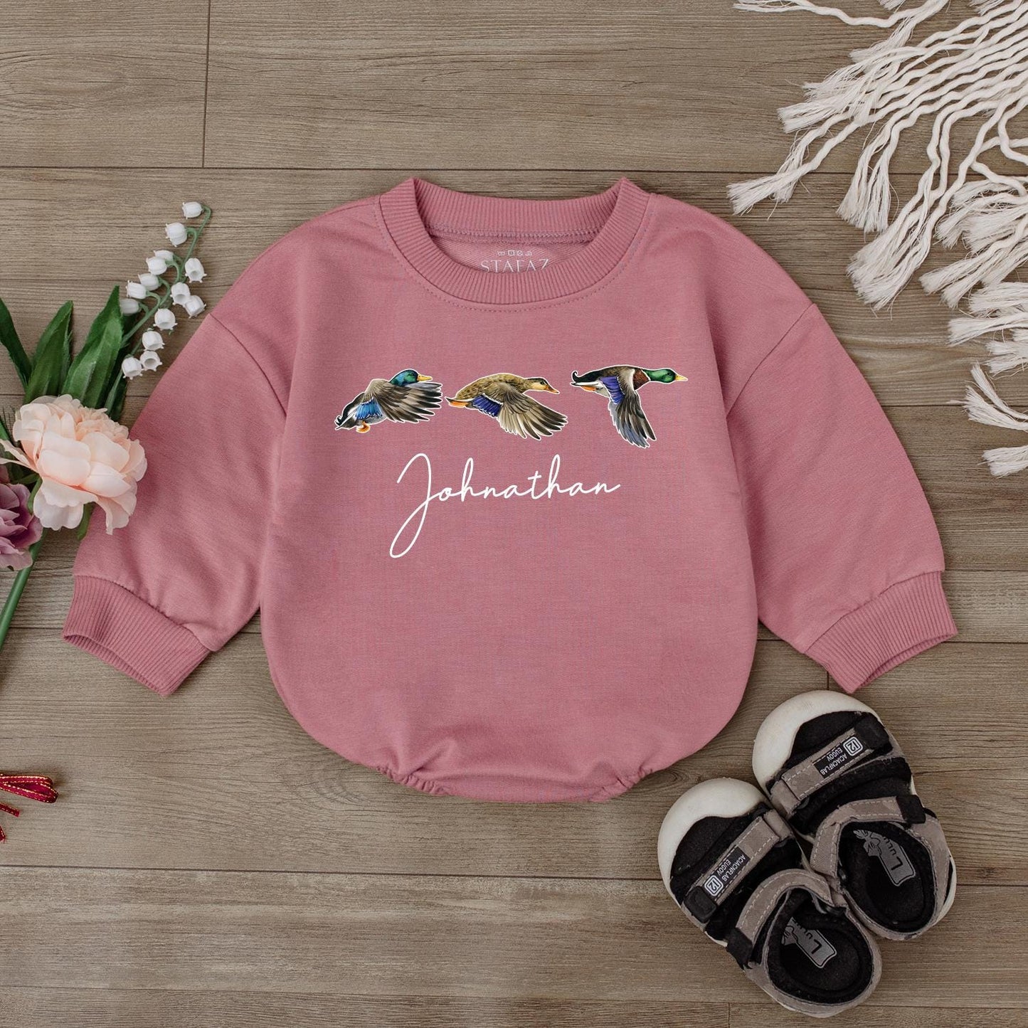 Personalized Mallard Duck Hunting Bubble Romper, First Birthday Outfit, Boy Ducking Hunter Baby Romper, Newborn Bodysuit, Duck Lover Gift