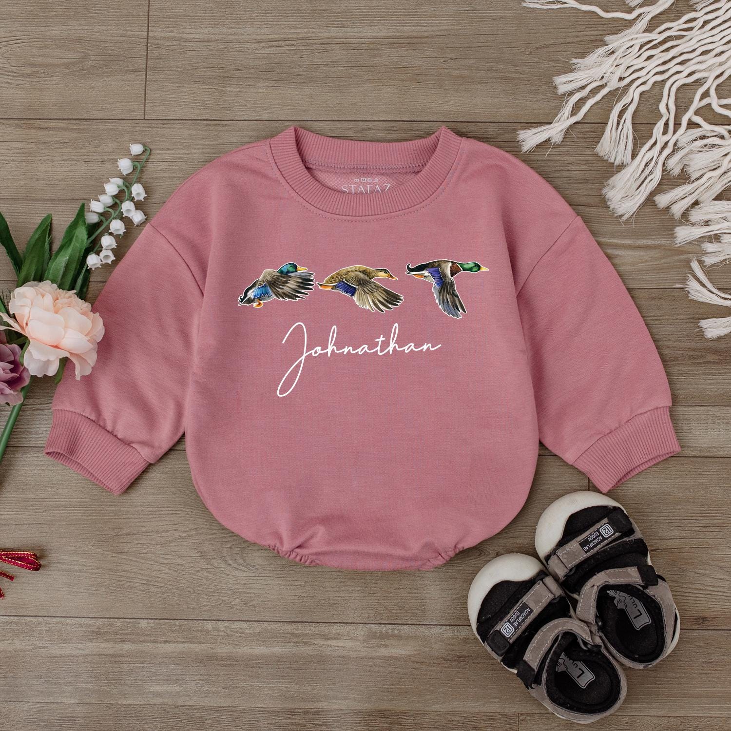 Personalized Mallard Duck Hunting Bubble Romper, First Birthday Outfit, Boy Ducking Hunter Baby Romper, Newborn Bodysuit, Duck Lover Gift