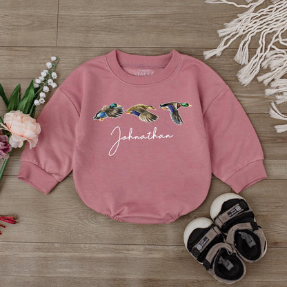 Personalized Mallard Duck Hunting Bubble Romper, First Birthday Outfit, Boy Ducking Hunter Baby Romper, Newborn Bodysuit, Duck Lover Gift