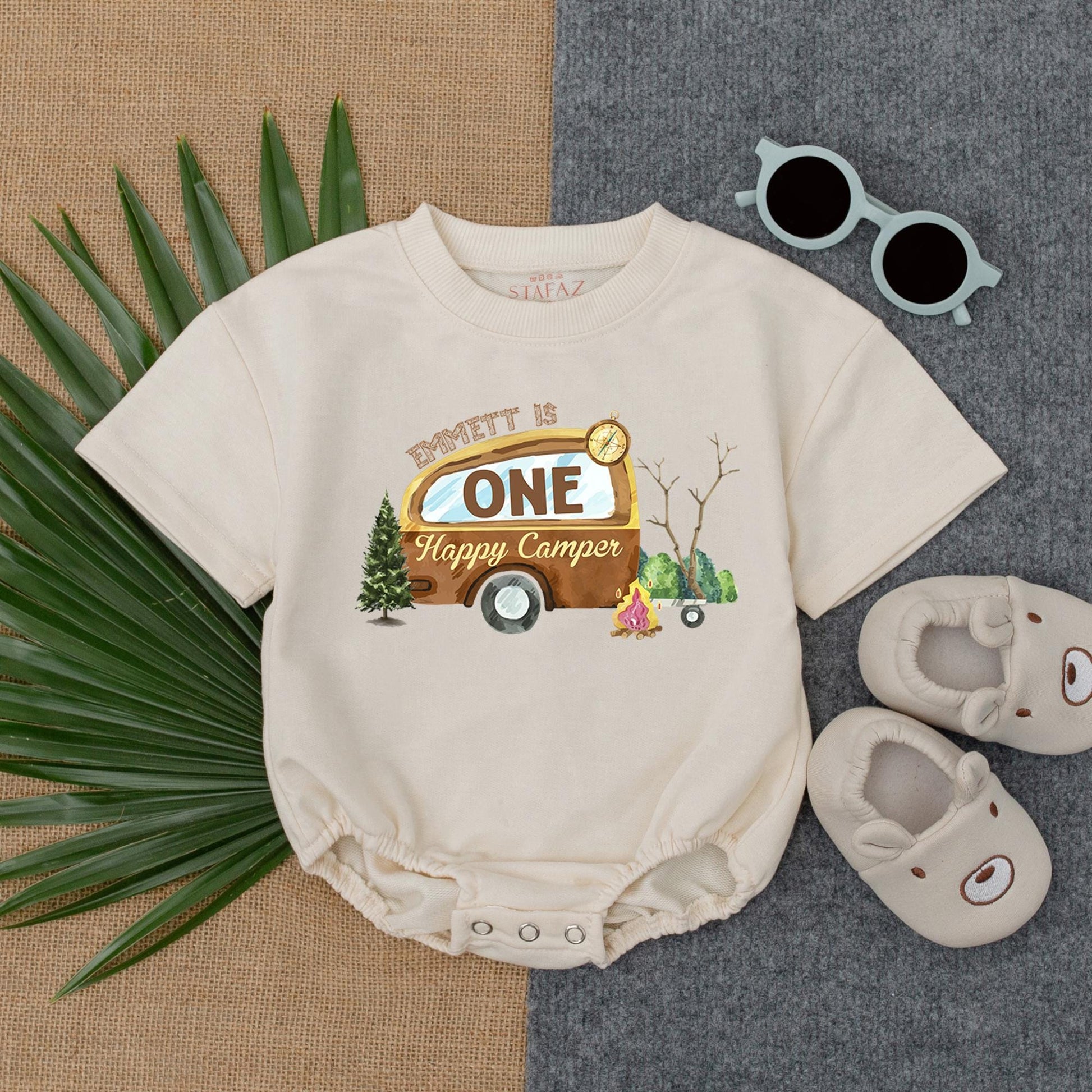 Custom One Happy Camper Baby Boy 1st Birthday Romper Camping Adventure Woodland Forest Theme Short Sleeve Bubble Outfit