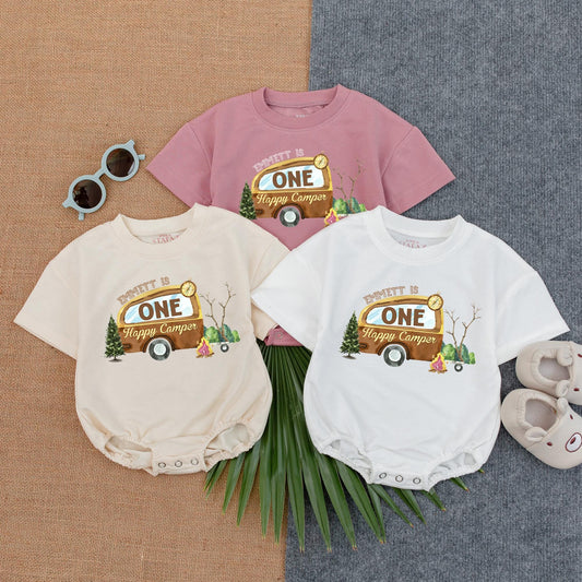 Custom One Happy Camper Baby Boy 1st Birthday Romper Camping Adventure Woodland Forest Theme Short Sleeve Bubble Outfit