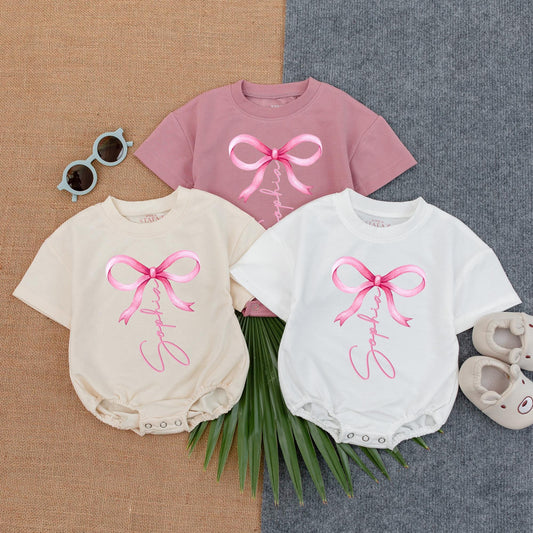 Personalized Baby Pink Bow Bubble Romper T-Shirt Outfit for Infant Girls Adorable Soft Comfortable Summer Baby Shower Gift Idea