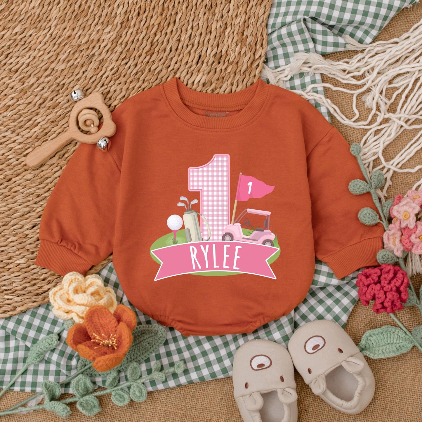Personalized Pink Hole in One Golf Romper Baby Girl First Birthday Outfit Custom Golf Bodysuit Bubble Romper Gift
