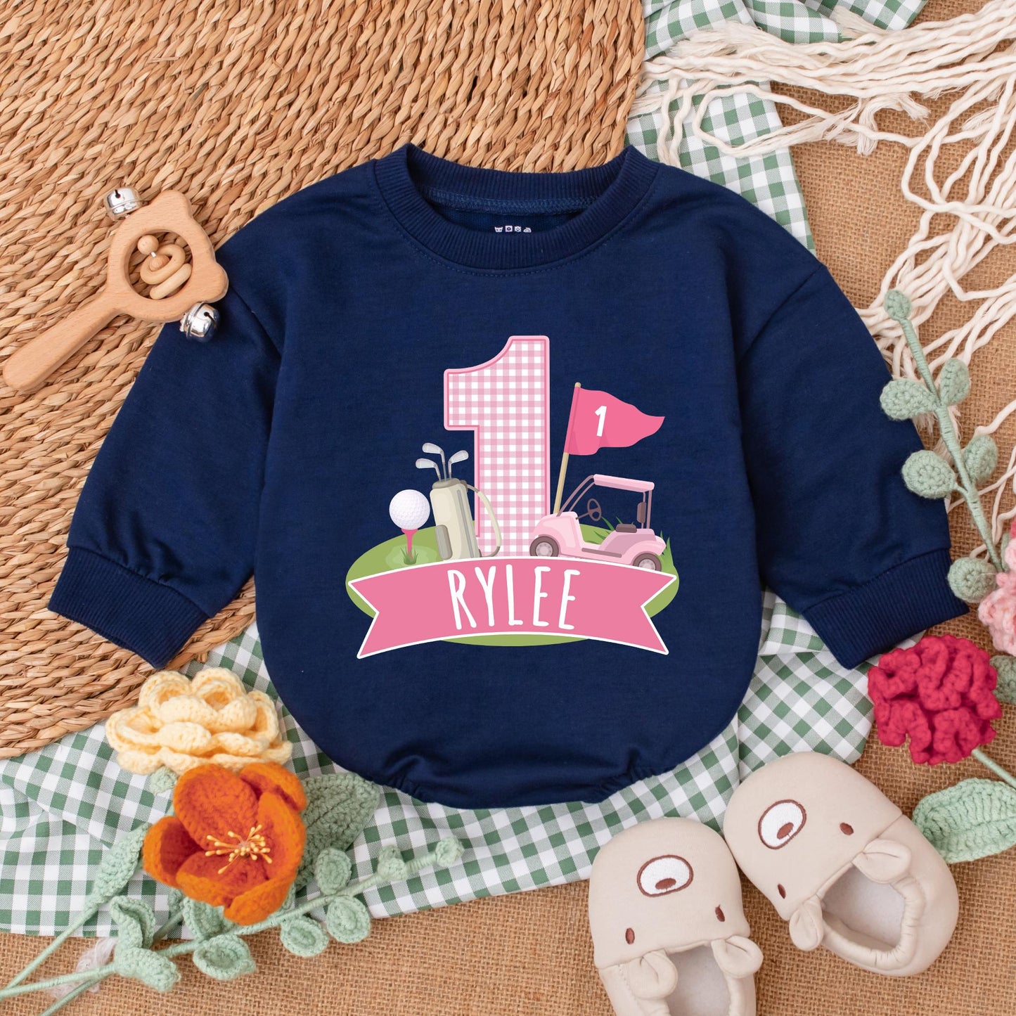 Personalized Pink Hole in One Golf Romper Baby Girl First Birthday Outfit Custom Golf Bodysuit Bubble Romper Gift