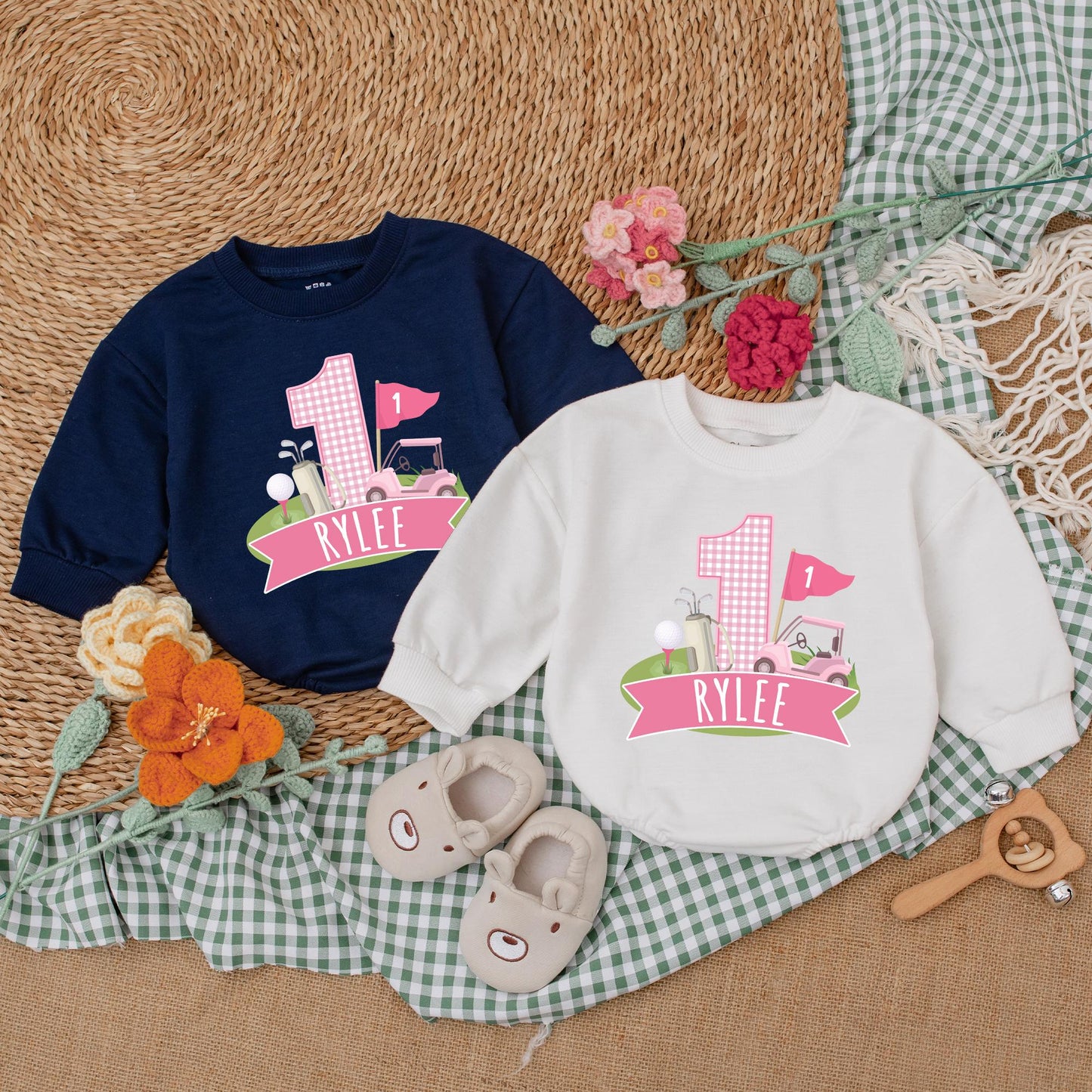 Personalized Pink Hole in One Golf Romper Baby Girl First Birthday Outfit Custom Golf Bodysuit Bubble Romper Gift