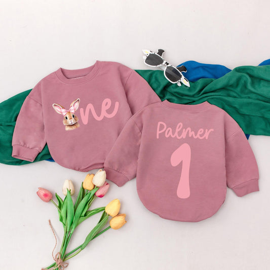 Bunny One Romper with Pink Bow for Baby Girl First Birthday Easter Outfit Custom Name Palmer Soft Pastel