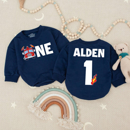 Firetruck Fireman 1st Birthday Baby Romper, Boy's Fire Truck Outfit, Alden's One Firefighter Bodysuit, Red Black Celebration Clothes