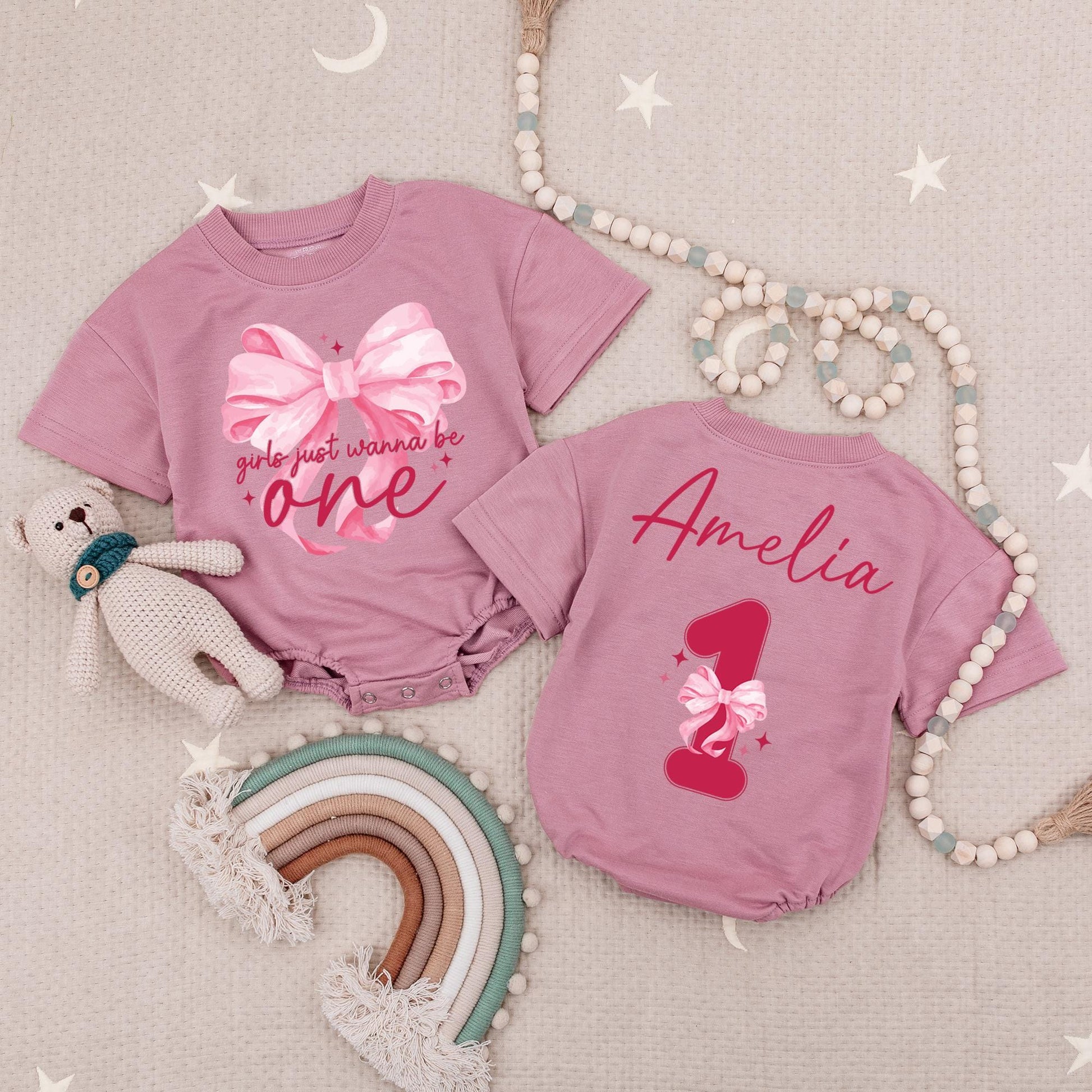 Girls Just Wanna Be One Bodysuit Cute Pink Bows 1st Birthday Baby Romper Personalized Name Amelia One Year Old Bubble Outfit