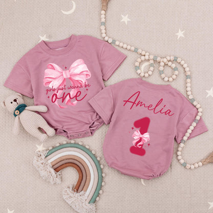 Girls Just Wanna Be One Bodysuit Cute Pink Bows 1st Birthday Baby Romper Personalized Name Amelia One Year Old Bubble Outfit