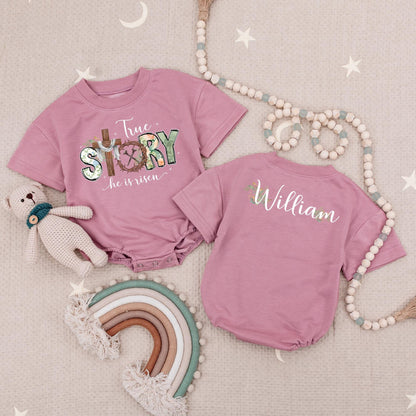 True Story Floral Easter Baby Bodysuit, He is Risen Outfit, Custom Name Romper, Christian Gift, Floral Accent, Baby Boy Girl Clothes 138 chr