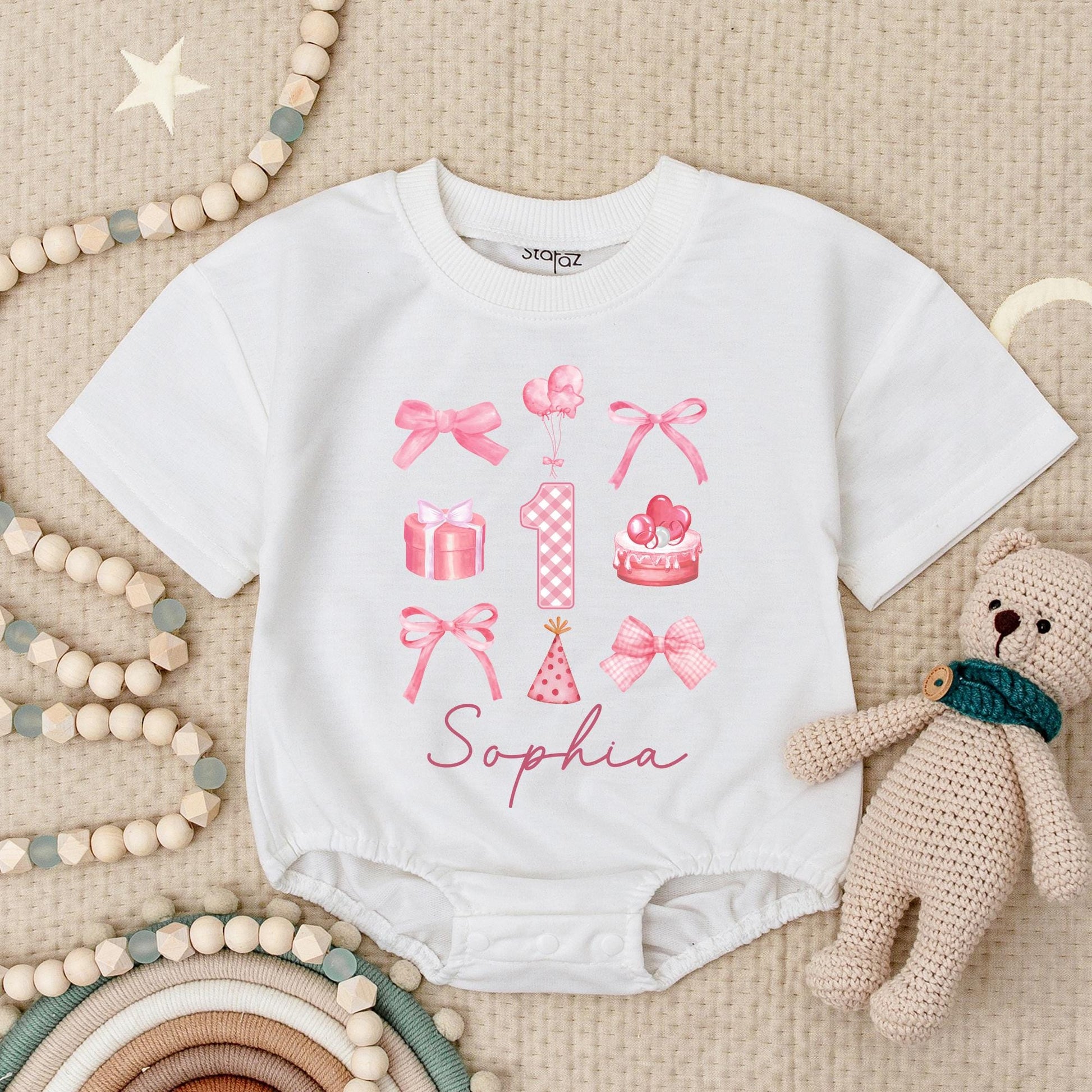 Sophia's 1st Birthday Romper: Cute Pink Bows, Balloons, & Cake for Baby Girl! Personalized First Birthday Bodysuit