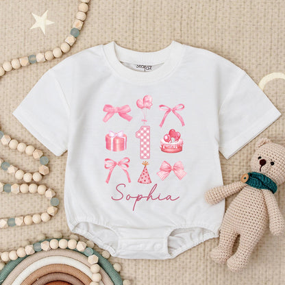 Sophia's 1st Birthday Romper: Cute Pink Bows, Balloons, & Cake for Baby Girl! Personalized First Birthday Bodysuit