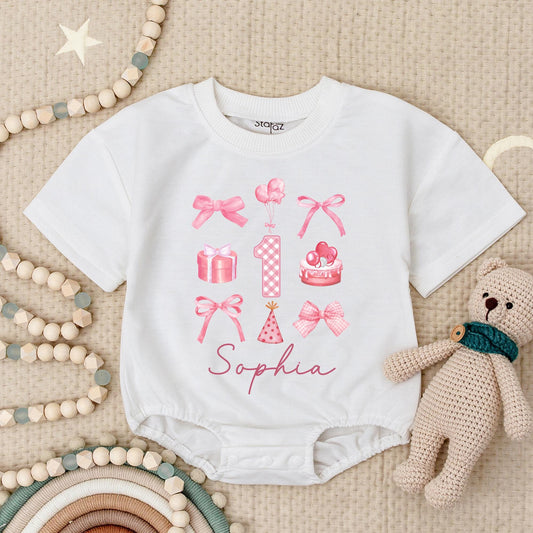 Sophia's 1st Birthday Romper: Cute Pink Bows, Balloons, & Cake for Baby Girl! Personalized First Birthday Bodysuit