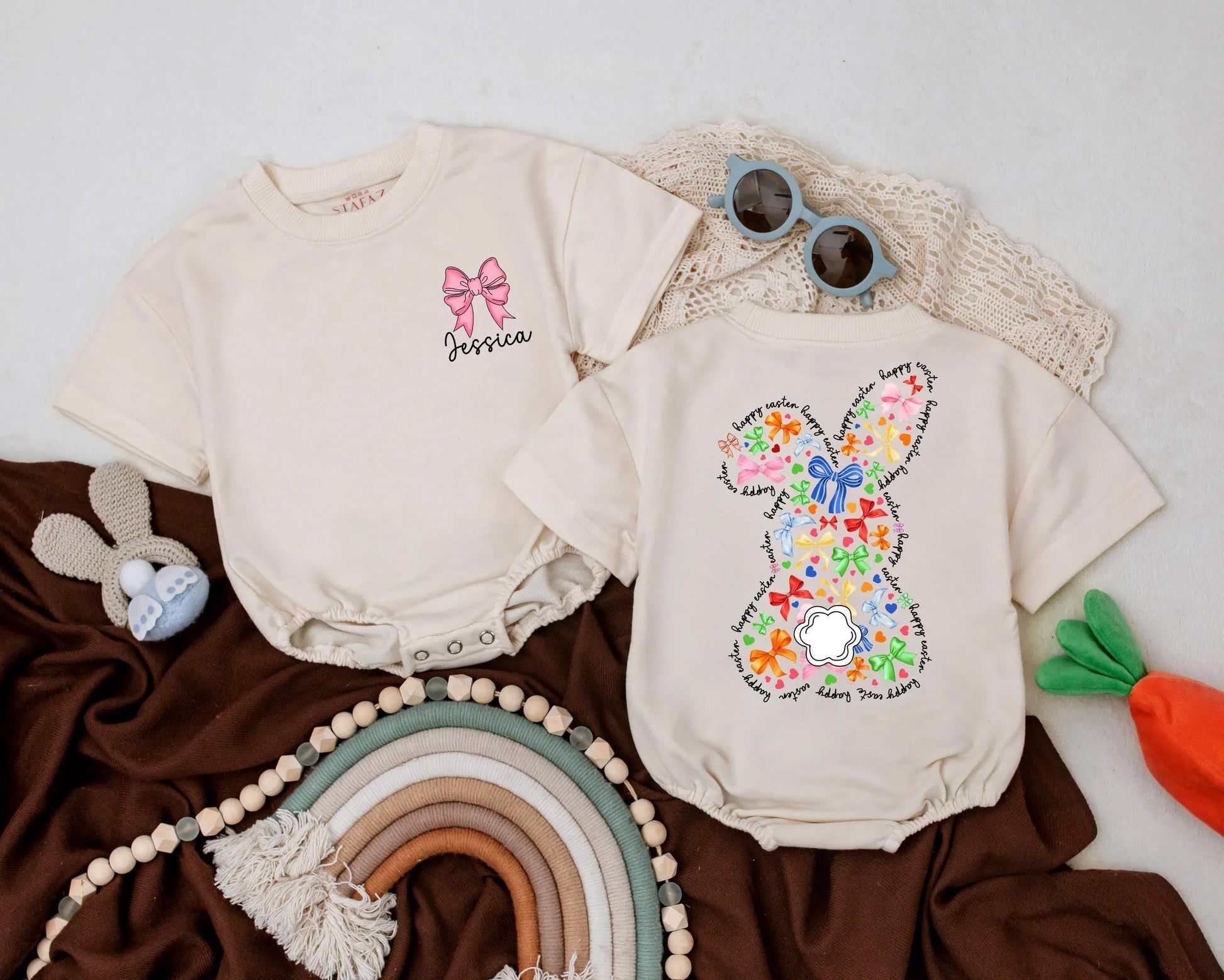 Personalized First Easter Baby Romper Custom Name Easter Bunny Outfit for Boys Girls Baby Shower Gift