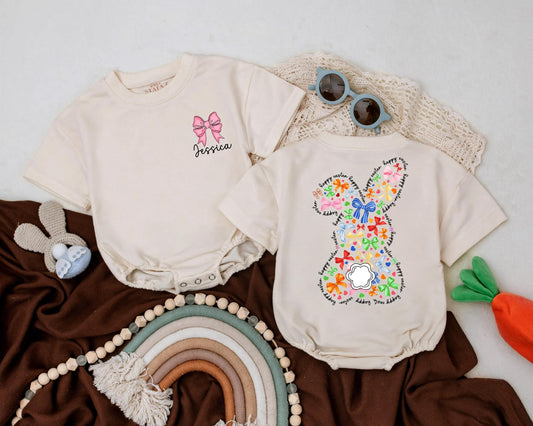 Personalized First Easter Baby Romper Custom Name Easter Bunny Outfit for Boys Girls Baby Shower Gift