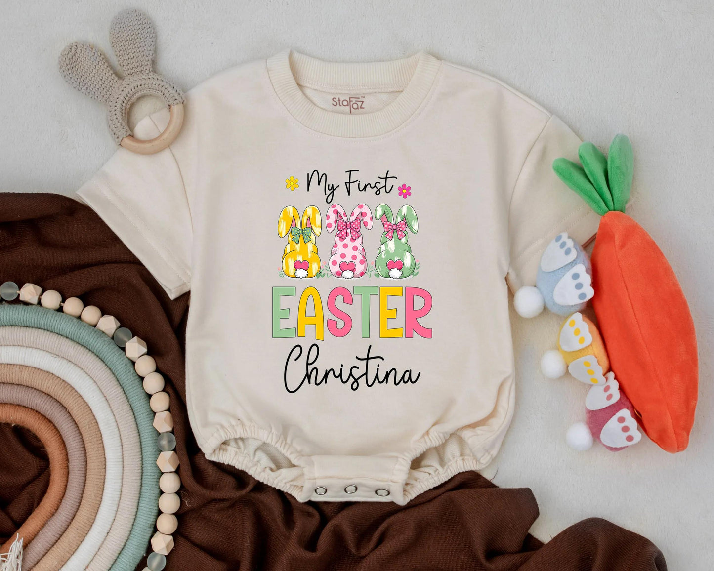 My First Easter Bubble Romper Personalized Name Easter Boy Girl Outfit Cute Bunny Bodysuit Baby Shower Gift