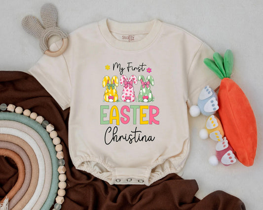 My First Easter Bubble Romper Personalized Name Easter Boy Girl Outfit Cute Bunny Bodysuit Baby Shower Gift