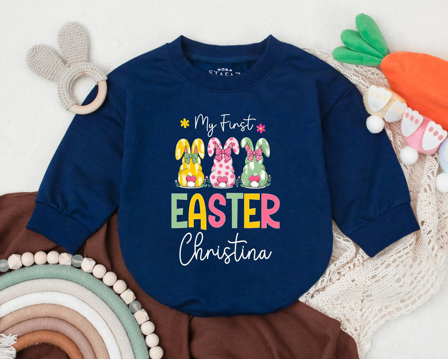 My First Easter Bubble Romper Personalized Name Easter Boy Girl Outfit Cute Bunny Bodysuit Baby Shower Gift