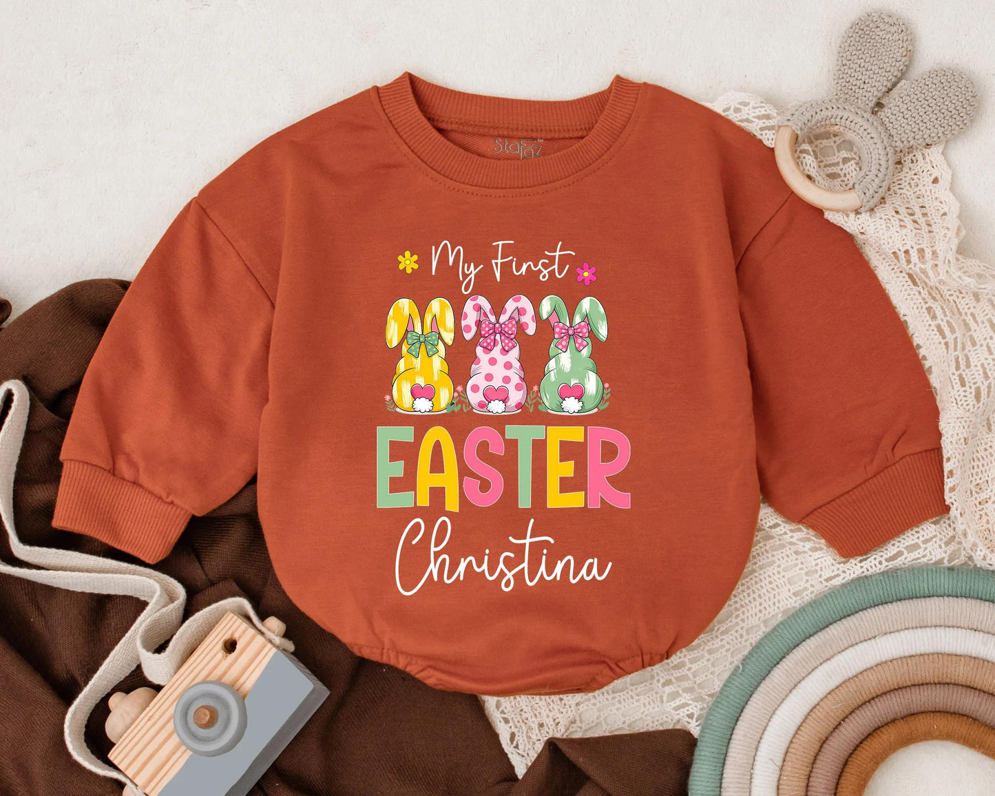My First Easter Bubble Romper Personalized Name Easter Boy Girl Outfit Cute Bunny Bodysuit Baby Shower Gift