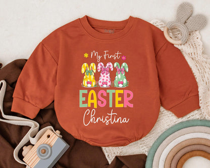 My First Easter Bubble Romper Personalized Name Easter Boy Girl Outfit Cute Bunny Bodysuit Baby Shower Gift